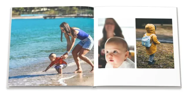 An open photo book: a mother and child at the beach on one page, two photos on the other