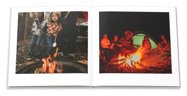 An open photo book: friends around a campfire at night